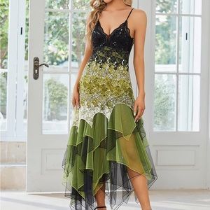 NWT Ever Pretty Tea Length Asymmetrical Cocktail Dress w lace, tulle and sequins